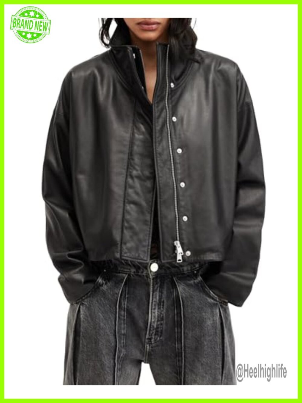 100% Leather Aviator Jacket Relaxed Fit Funnel Neck Biker
